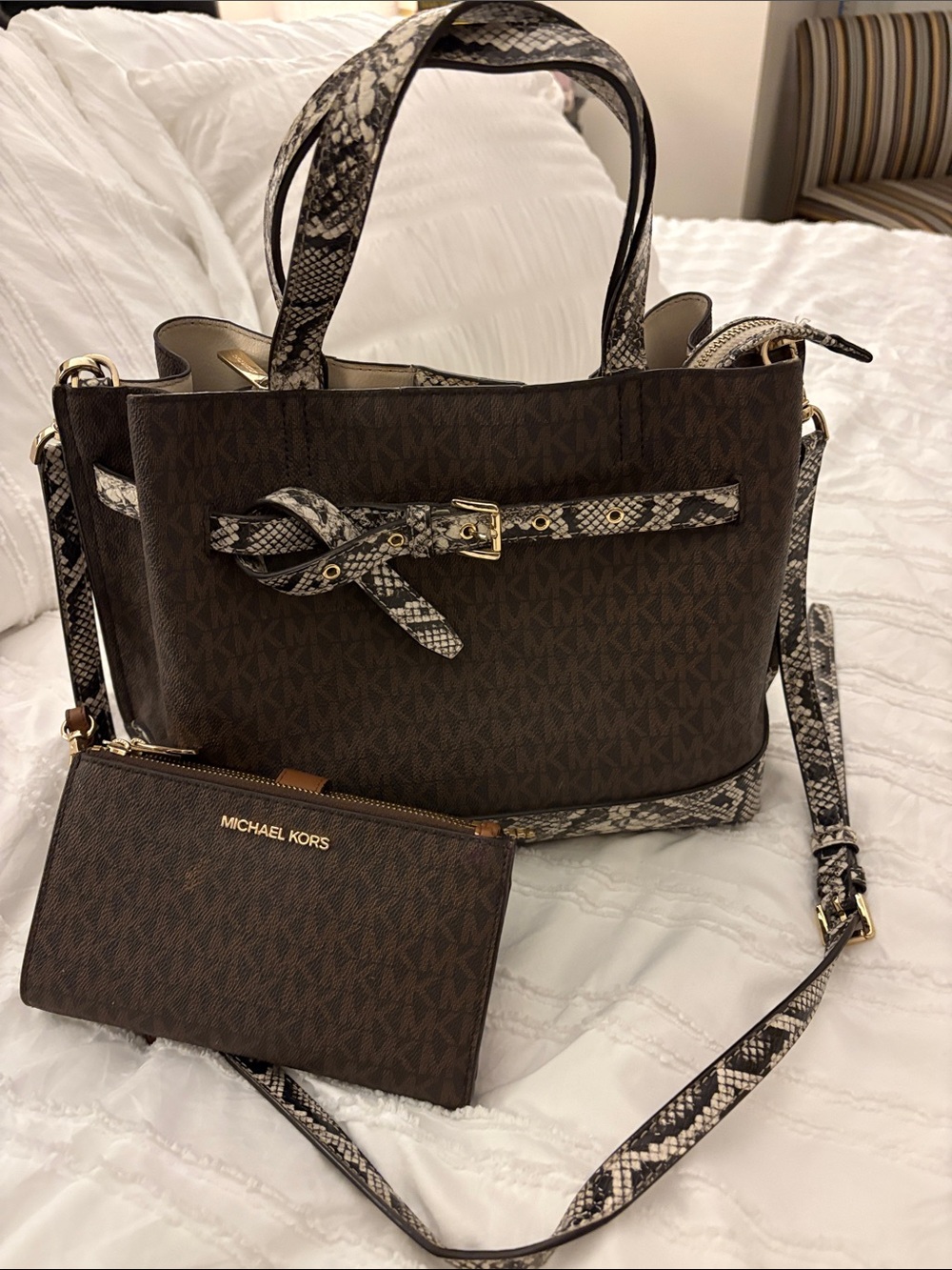 Michael Kors Brown Emilia Satchel Snake-Print Trim and Matching Jet Set Wristlet